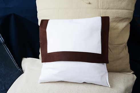 Hemstitch Baby Envelope Pillows. 12"x12". Brown color border